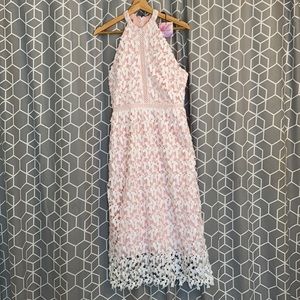 Blush pink halter dress with white lace
